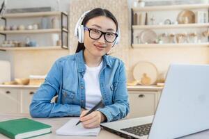 Young beautiful Asian woman working as a freelancer. Sitting at home with a laptop and wearing white headphones, writing in a notebook, looking at the camera, smiling. photo