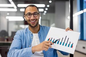 Confident Indian businessman in a casual shirt presenting a bar graph chart indicating business growth in a modern office setting. photo