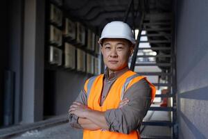 Close-up portrait of a young active man in a hard hat and reflective vest standing outside, arms crossed and looking confidently into the camera. photo