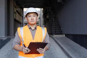 Portrait of serious and successful young Asian man in hard hat and vest standing outside building with folder and pen in hands, inspecting, developing project. photo