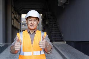 retrato de un sonriente joven asiático masculino construcción empresa trabajador en pie fuera de en un difícil sombrero y chaleco, sonriente a el cámara y demostración el súper firmar con su dedos. foto