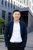 Portrait of an Asian businessman outdoors, featuring a confident smile, dressed in formal wear, with a modern building background. photo