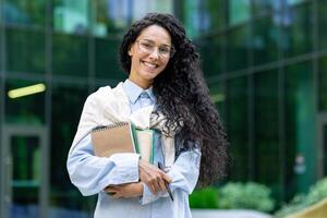 retrato de un joven hermosa Hispano hembra alumno, mujer fuera de un Universidad instalaciones sonriente y mirando a el cámara, participación libros de trabajo, libros y libros de texto para estudiando. foto