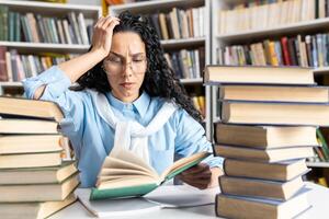 abrumado Hispano hembra estudiante estudiando difícil en un biblioteca. pila de algo de libros rodear su como ella lee atentamente foto