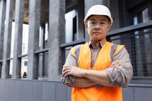 Portrait of a serious young Asian male engineer architect wearing construction hardhat and housing, raising his hands and looking confidently at the camera. photo