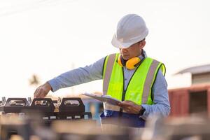 ingeniero hombre en chalecos y sombreros duros con documentos inspeccionando construcción sitio, mecánico trabajador comprobación de el batería almacenamiento sistema foto