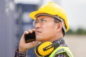 ingeniero hombre utilizando teléfono inteligente en industria contenedores carga, capataz muelle trabajador en casco de seguridad y la seguridad chaleco controlar cargando contenedores caja desde carga foto