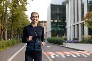 un motivado hembra persona que practica jogging con un positivo actitud, corriendo al aire libre en el ciudad, deportivo auriculares y aptitud atuendo. foto