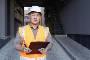 Portrait of a smiling young Asian man standing outside a construction site in a hard hat and vest, holding a folder with documents and smiling, looking at the camera. photo