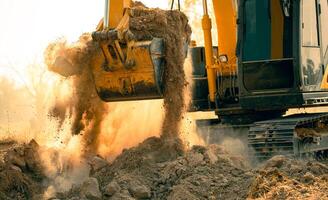 Close-up of excavator at construction site. Backhoe digging soil for earthwork and construction business. Excavating machine at work. Heavy machinery for earth moving and construction site development photo