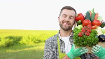 Young farmer is holding a box of organic vegetables and look at camera video