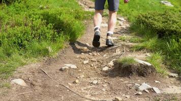 Mens wandelingen langs de bergen naar de top. reizen concept actief mensen Aan de manier naar zege Actie vooruit dichtbij omhoog. toerist in laarzen gaan langs de steen weg Aan de achtergrond een mooi landschap video