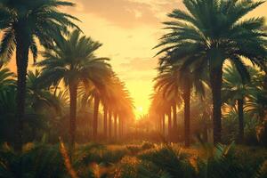 Realistic depiction of cinematic sunset over expansive date palm forest photo