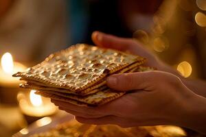 Reverent hands holding matzah, embodying Passover tradition photo