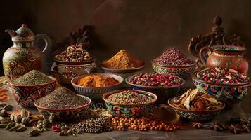 Rich flavors celebrated in vibrant display of colorful Arabic spice arrangement photo