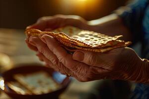 Hands cradling matzah in reverence, symbolizing Passover tradition photo