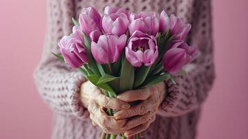 Elegant Senior Lady Holding Wrapped Tulips Bouquet on Pink Background photo