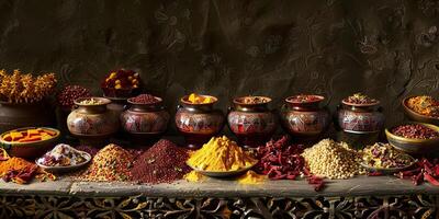 Vibrant Arabic spice arrangement Celebrating culinary heritage with an enticing display photo