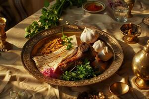 Pascua seder plato con tradicional simbólico elementos para judío ceremonia foto