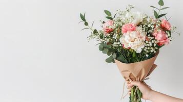 elegante mano con rosado y blanco peonía ramo, adornado con verdor, envuelto en marrón papel y oro cadena. foto