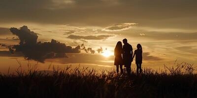 silueta familia de cuatro disfrutando calentar puesta de sol en pradera, simétricamente compuesto foto