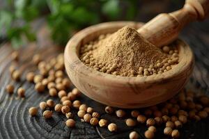 Spice essence celebrated in rustic composition of coriander seeds and powder in mortar photo