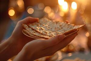 Hands cradling matzah in reverence, a symbol of Pesach tradition photo