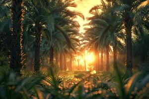 Expansive date palm forest under cinematic sunset, high-resolution realism photo
