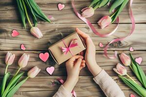 Mother's hands offer daughter open gift box with tulips and pink ribbon. Mother's Day theme. photo