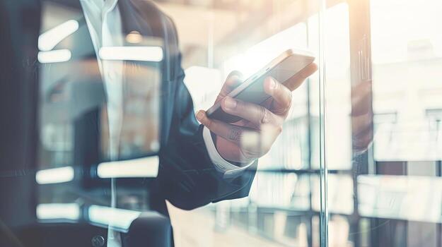 Businessman gesturing towards full-frame mobile banking. Digital finance innovation photo