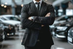 close-up businessman wearing a black suit standing inside a car showroom photo