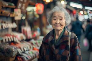 un japonés abuela con un amable sonrisa soportes entre filas de tiendas en un tradicional mercado foto