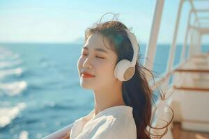 Beautiful Asian woman standing on the deck of a cruise ship using headphones photo