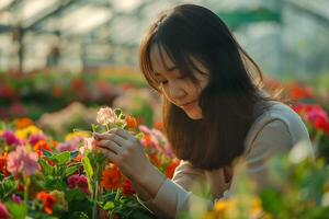 asiático mujer apasionadamente tiende a el flores en invernadero foto