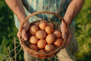 cerca arriba de un granjero que lleva huevos en un cesta foto