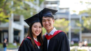 young couple wearing complete graduation attire stands in the middle of a modern university campus photo