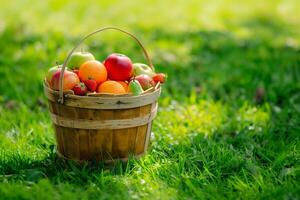 Wooden basket with various fruits on fresh green grass photo