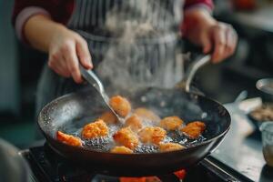 Someone is frying chicken nuggets in a frying pan photo