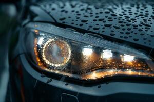 Droplets of water on the car's headlights photo