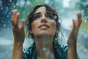 un joven mujer siendo atrapado en el lluvia, su cara expresando decepción y lamentar como ella levanta ambos manos en frustración foto