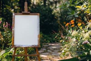 blank rustic wooden easel holding a canvas in a path garden photo