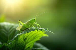 Grasshopper perched on a leaf photo