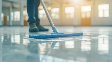 cleaning the floor using a mop and cleanser foam photo