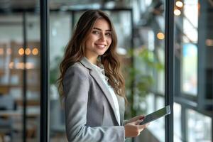 A young woman in a business suit holding a tablet stands amidst the glass partitions of the office photo