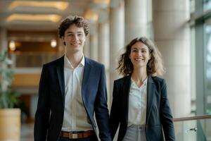 young businessman and a modern businesswoman walk side by side in an elegant hallway within a modern office building photo