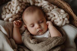 adorable sleeping baby lies in its cozy basket photo