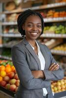 joven negro mujer vistiendo un gris traje es sonriente con su brazos doblada a través de su cofre en pie en su propio Fruta Tienda foto