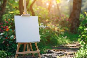 blank rustic wooden easel holding a canvas in a path garden photo
