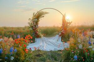 A circular portal surrounded by colorful flowers in a field background at sunset, photoshoot backdrop concept photo