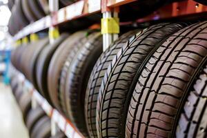 A row of car tires is on a shelf and neatly arranged in a row photo